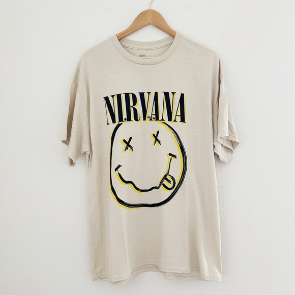 NEW Nirvana Tan Smiley Graphic Tee - Picture 1 of 6